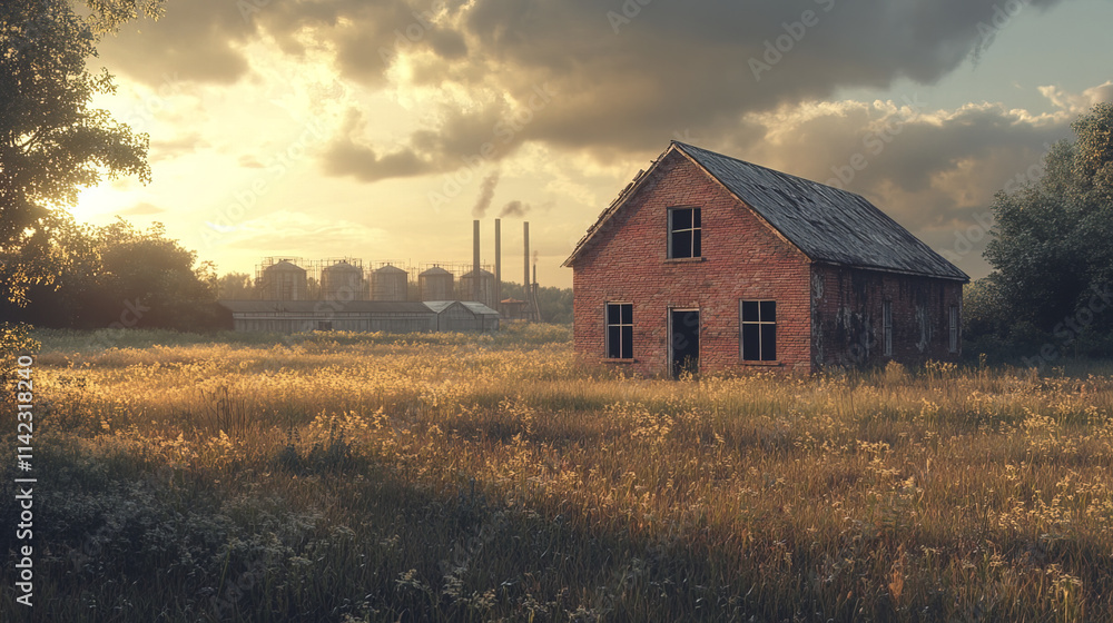 lone brick house in overgrown grass with industrial background at sunset lone brick house in overgrown grass with industrial background at sunset