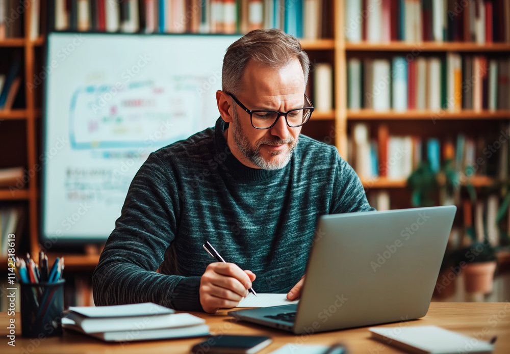 A middle-aged man with glasses writing in a notebook while working on a laptop in a cozy office with bookshelves and whiteboard. Concept of remote work, learning, and productivity A middle-aged man with glasses writing in a notebook while working on a laptop in a cozy office with bookshelves and whiteboard. Concept of remote work, learning, and productivity