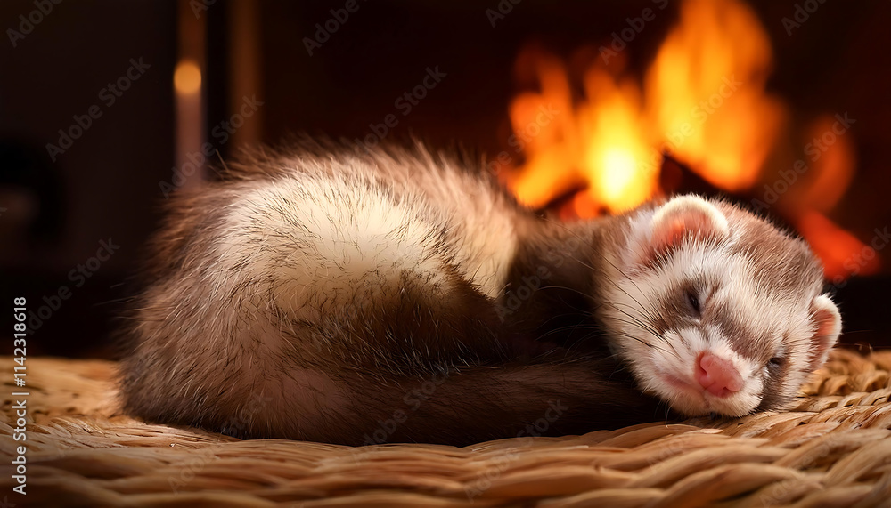 Cozy Ferret Slumbering by the Fireplace Glow Cozy Ferret Slumbering by the Fireplace Glow