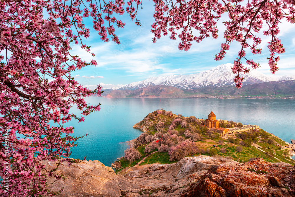 Akdamar Island in Van Lake. The Armenian Cathedral Church of the Holy Cross - Akdamar, Turkey