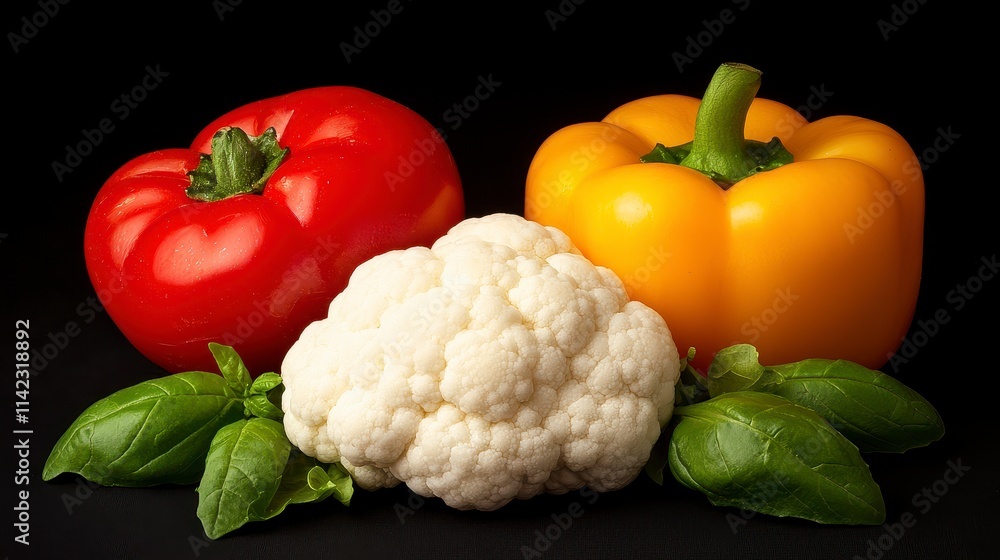 Vibrant Red Yellow Bell Peppers and Cauliflower with Basil Vibrant Red Yellow Bell Peppers and Cauliflower with Basil