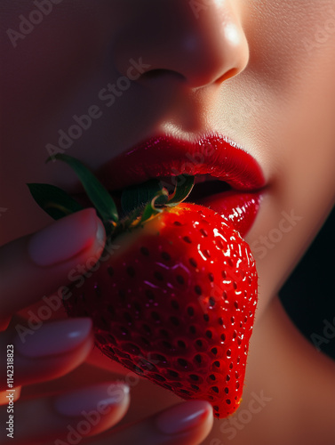 Glossy red lips gently holding a plump strawberry in a playful pose, illuminated by soft lighting, vibrant reds highlighted. Ai generated (1)