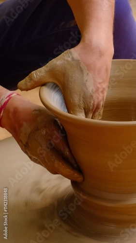 Pottery - skilled wet hands of potter shaping the clay on potter wheel. Pot, vase throwing. Manufacturing traditional handicraft Indian bowl, jar, pot, jug. Shilpagram, Udaipur, Rajasthan, India