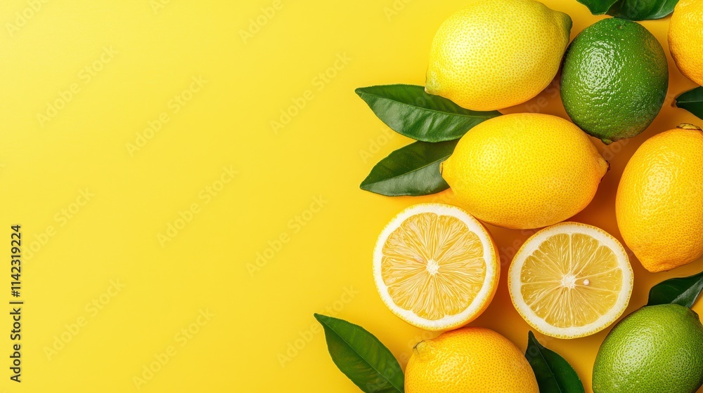 Vibrant Lemons and Limes on Yellow Background Vibrant Lemons and Limes on Yellow Background