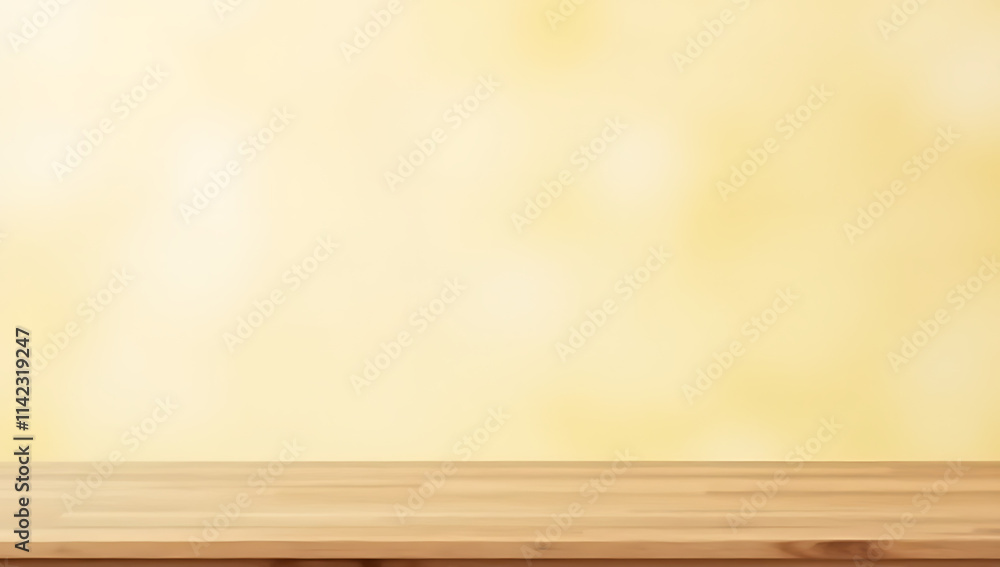 A minimalist wooden table top sits empty on a soft light gold abstract background suitable for product displays or layouts._00001_