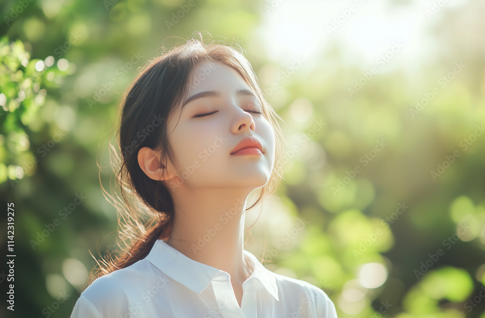 Young woman with closed eyes enjoying sunlight in green nature. Relaxation, mindfulness, and peaceful moment outdoors Young woman with closed eyes enjoying sunlight in green nature. Relaxation, mindfulness, and peaceful moment outdoors