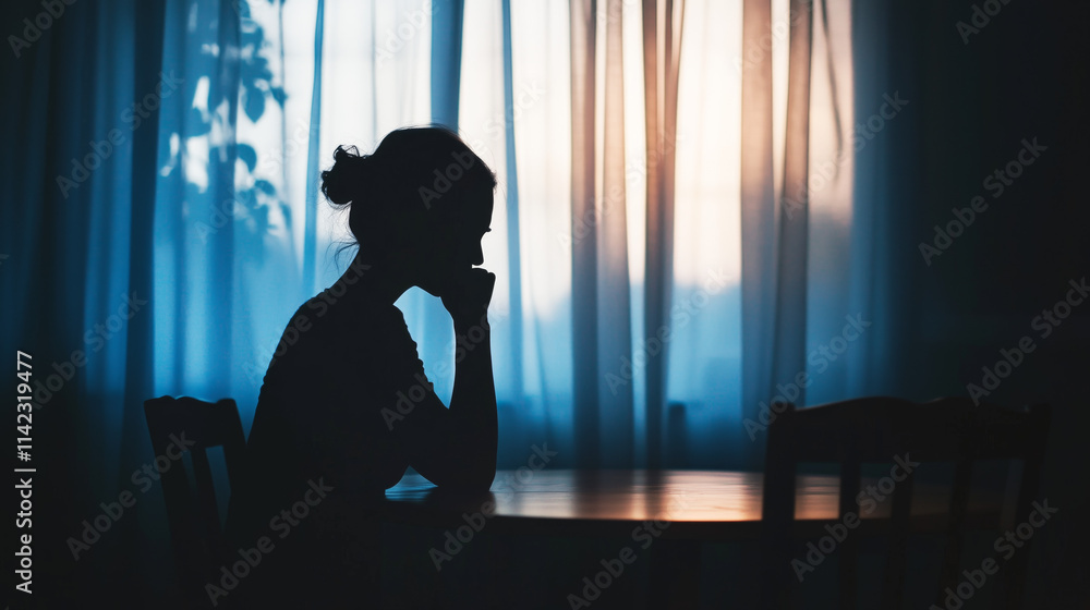 Silhouette of a woman sitting at a table, deep in thought, with soft light streaming through curtains in a quiet room Silhouette of a woman sitting at a table, deep in thought, with soft light streaming through curtains in a quiet room
