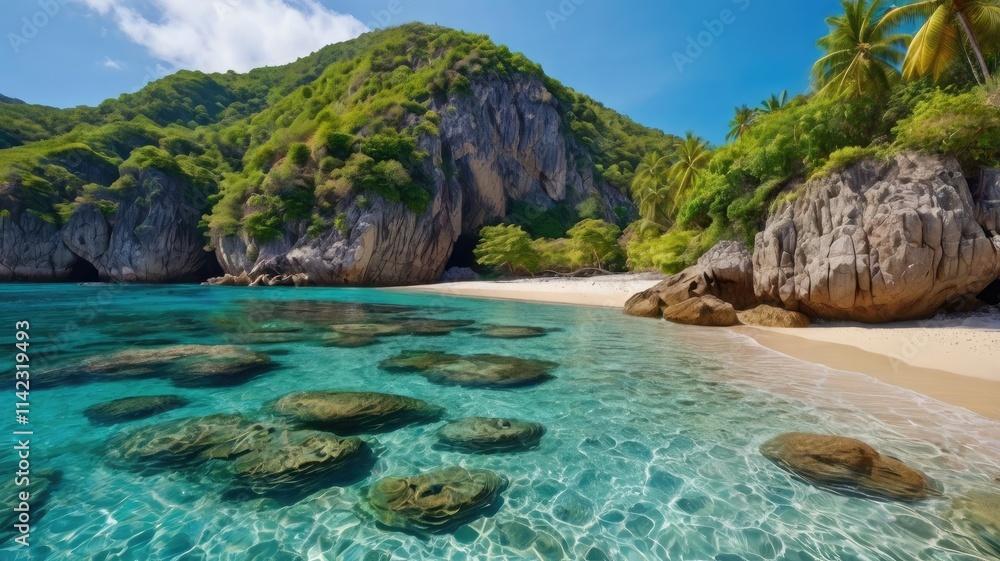 beach with water, A hidden beach nestled between two steep mountains, with clear waters revealing colorful coral and fish near beach with water, A hidden beach nestled between two steep mountains, with clear waters revealing colorful coral and fish near