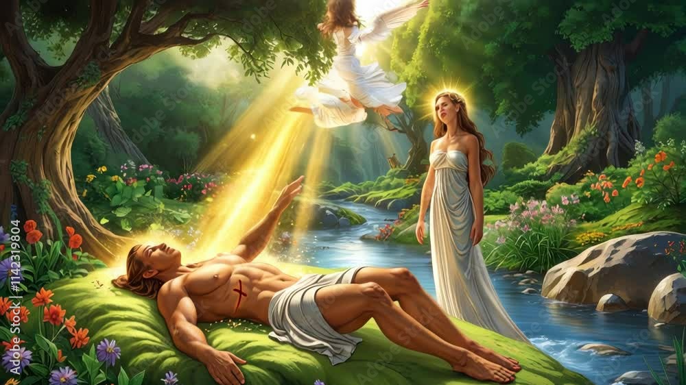 God creating eve from adam's rib in the garden of eden, surrounded by ...