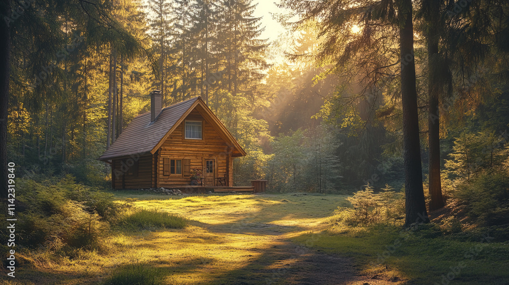 cozy wooden house nestled in dense pine forest at sunset cozy wooden house nestled in dense pine forest at sunset