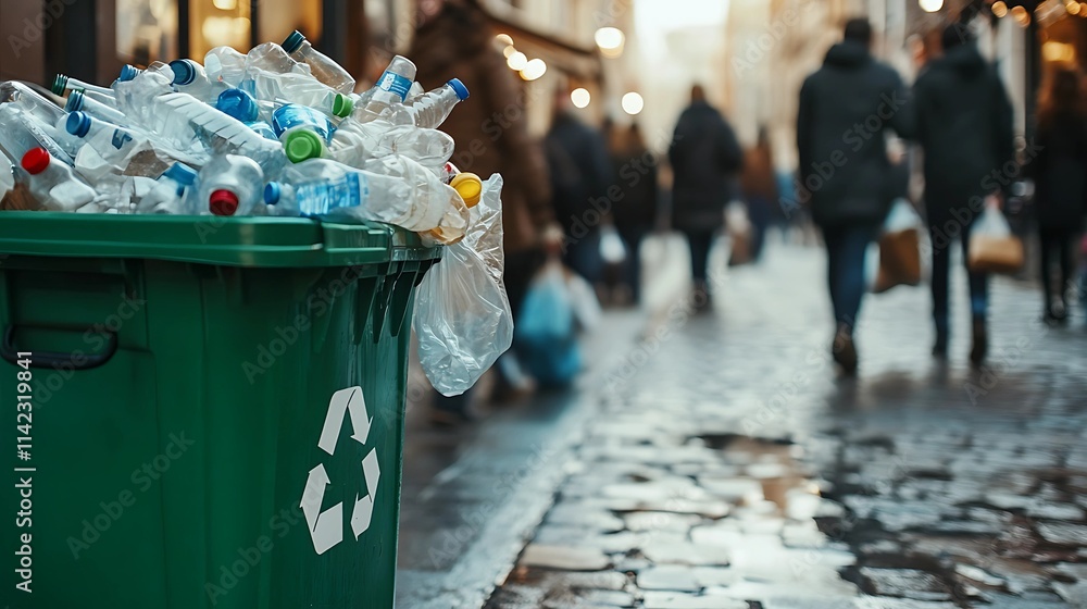 Obraz premium Overflowing Recycling Bin on Busy City Street Highlighting Environmental Awareness.