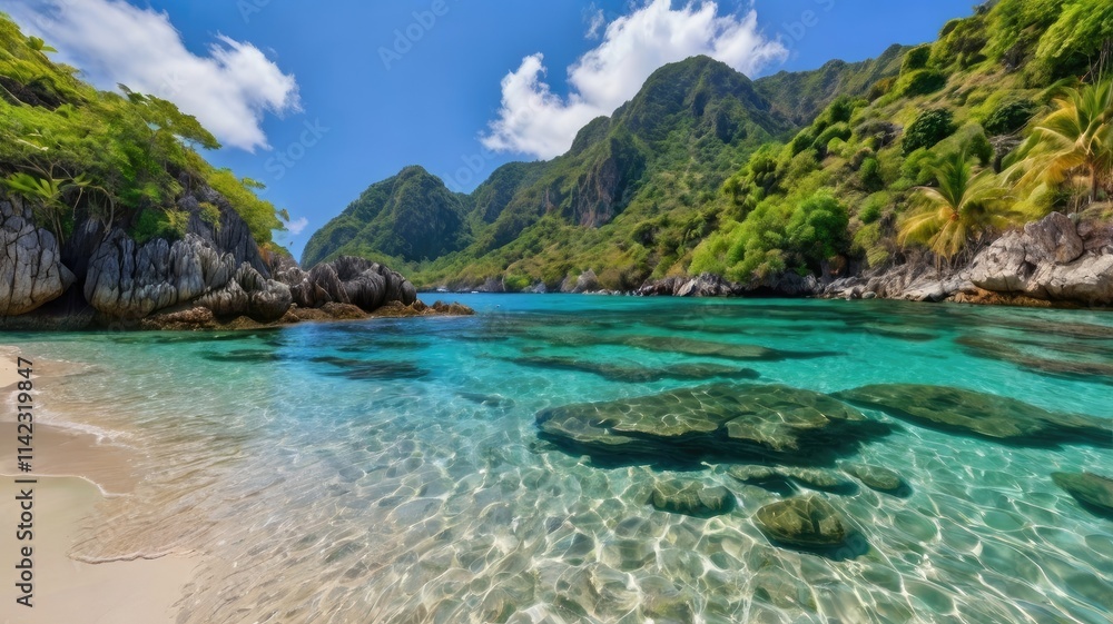 A hidden beach nestled between two steep mountains, with clear waters revealing colorful coral and fish near A hidden beach nestled between two steep mountains, with clear waters revealing colorful coral and fish near
