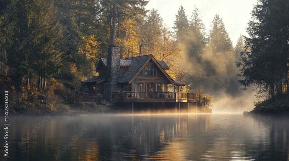 Fototapeta premium cozy riverfront home with wooden deck surrounded by misty trees