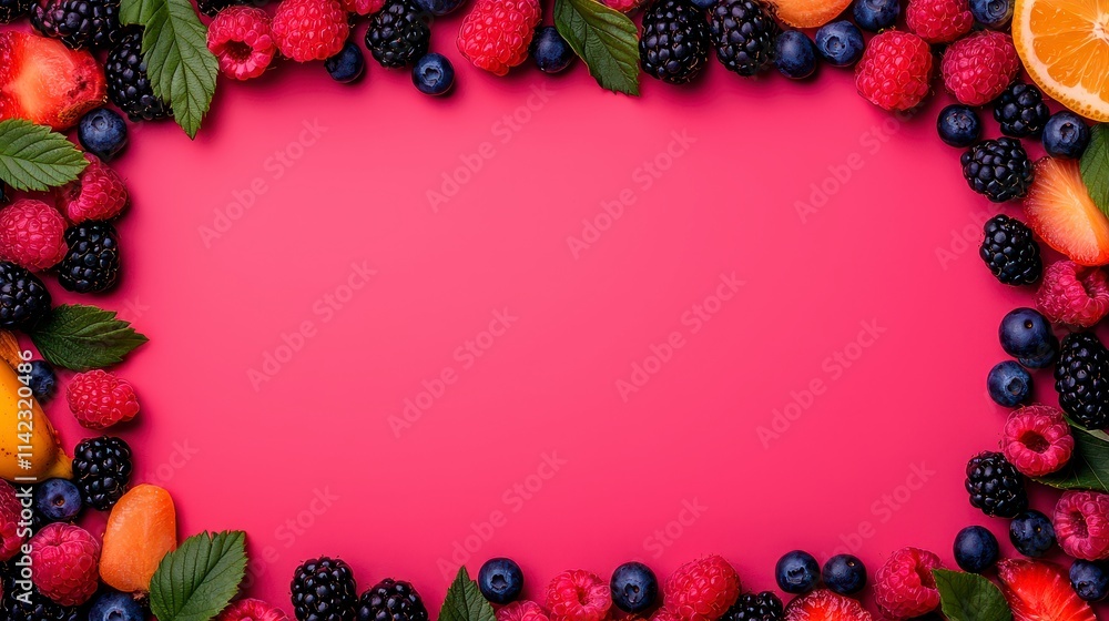 Vibrant Berry and Citrus Frame on Pink Background Vibrant Berry and Citrus Frame on Pink Background