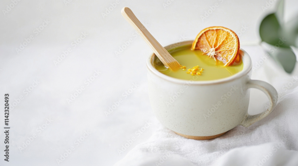 Bright orange matcha with orange zest and dried orange slice in a minimalistic setting Bright orange matcha with orange zest and dried orange slice in a minimalistic setting