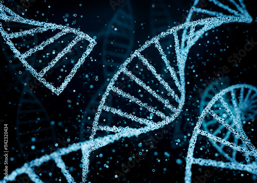Принти на полотні Abstract blue DNA strands in a liquid environment with suspended particles