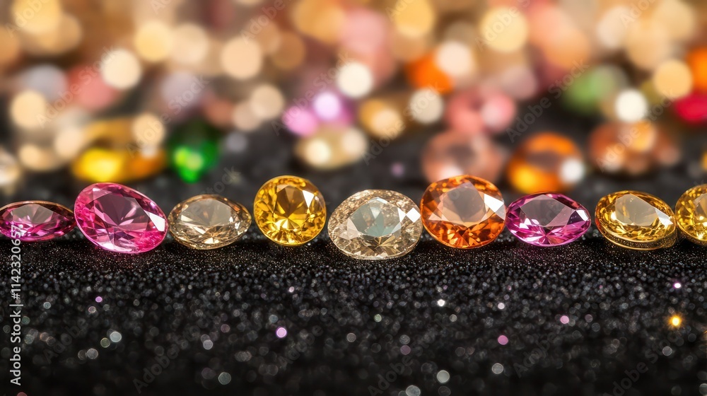 Colorful gems, various gemstones, row of precious stones, jewels, sparkling gems, on a dark surface, bokeh, background, luxury, elegant Colorful gems, various gemstones, row of precious stones, jewels, sparkling gems, on a dark surface, bokeh, background, luxury, elegant