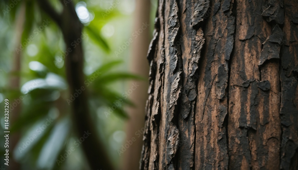 Textured bark surface with a dreamy, out-of-focus jungle Textured bark surface with a dreamy, out-of-focus jungle