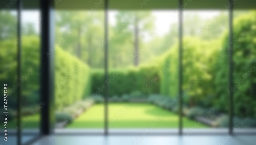 Naklejka premium A large glass wall has a blurred view of an abstract green garden as its background._00001_