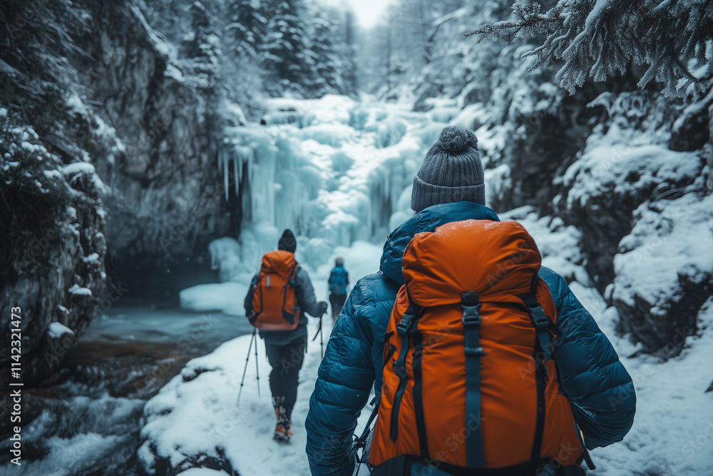 a group of people walking through a snow covered forest with a waterfall in the background a group of people walking through a snow covered forest with a waterfall in the background