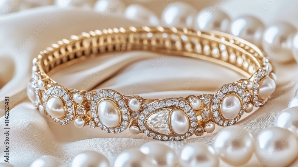 Elegant Gold Bracelet with Pearls and Diamonds on Silk Background Elegant Gold Bracelet with Pearls and Diamonds on Silk Background