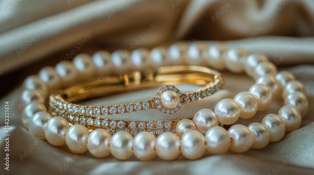 Elegant Pearl and Gold Bracelet on Soft Satin Fabric Background