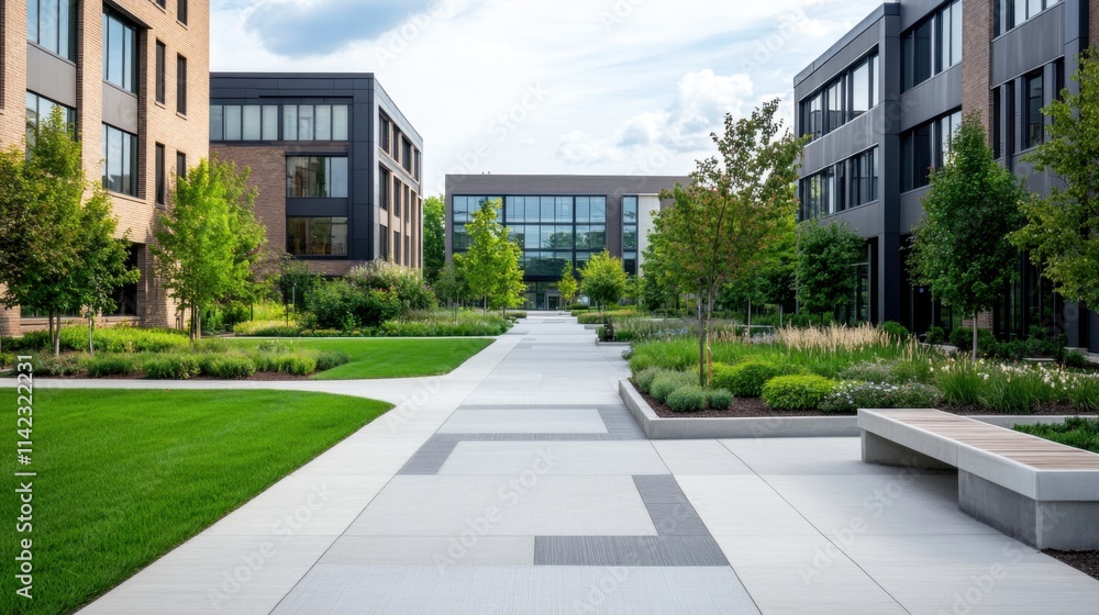 Modern Architectural Design with Green Spaces in Urban Landscape during Sunny Day Modern Architectural Design with Green Spaces in Urban Landscape during Sunny Day
