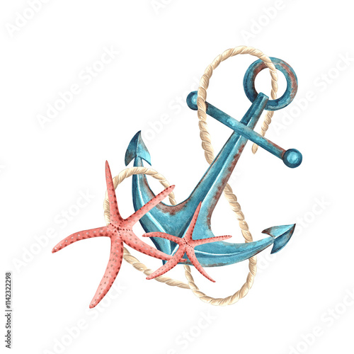 Anchor with rope and red starfishes. Watercolor illustration hand drawn isolated. Marine composition. Oceanic rif animals. Ship equipment. Nautical stile. Clipart for postcard, print, sticker, logo. photo