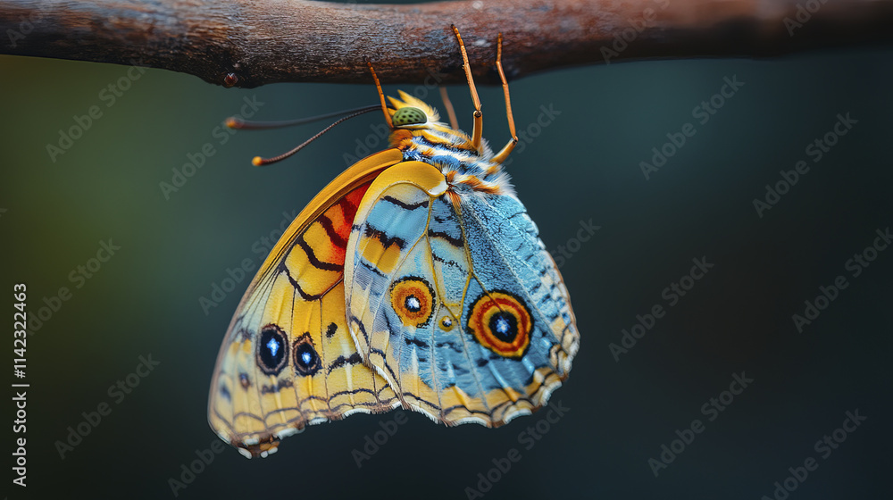 Naklejka premium brightly colored butterfly rests on branch, showcasing its vibrant wings