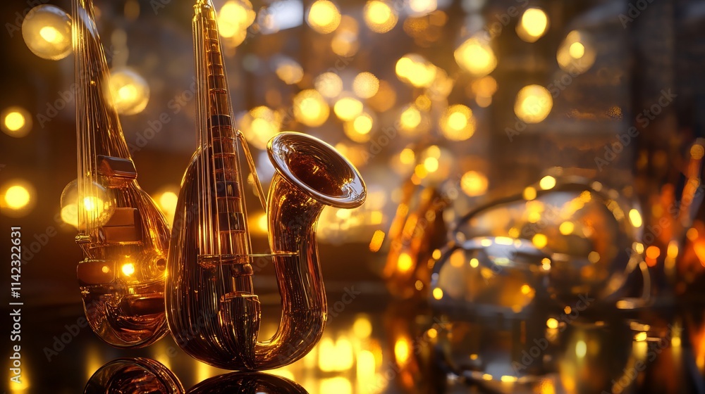 3D digital jazz scene with glowing instruments, smooth sound waves, and ambient lighting