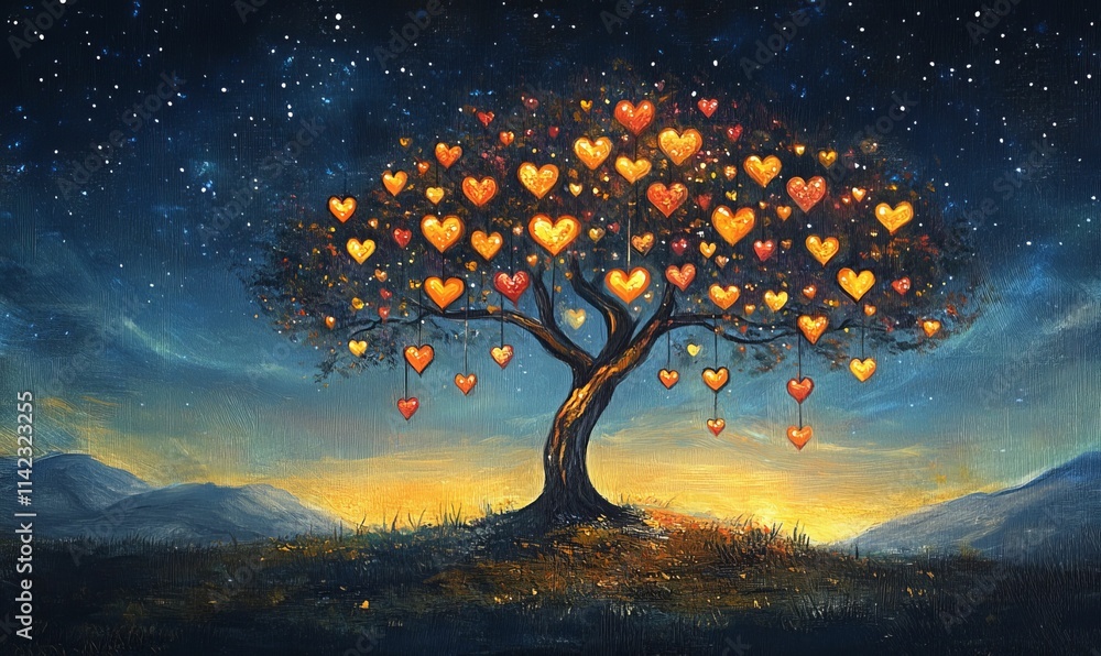 Heart-shaped lights adorn a tree, night sky backdrop. Heart-shaped lights adorn a tree, night sky backdrop.
