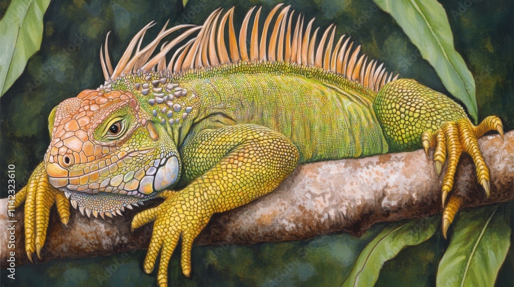 Fototapeta premium Detailed Portrait of Vibrant Iguana Resting on Branch in Nature