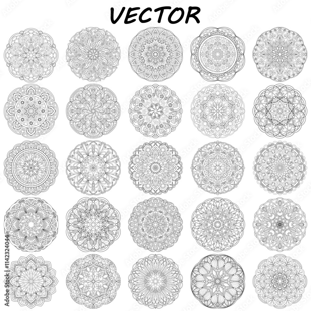 25 ornamental mandalas, vector illustrations. Set of isolated objects 17. 25 ornamental mandalas, vector illustrations. Set of isolated objects 17.
