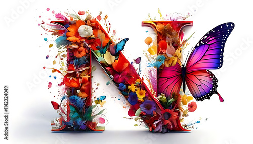 A whimsical and vibrant letter N with a splash background, featuring butterflies and flowers photo