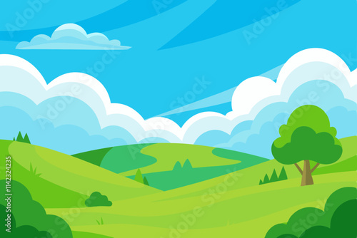 Natural Landscape with Rolling Green Hills and Clear Blue Sky Design