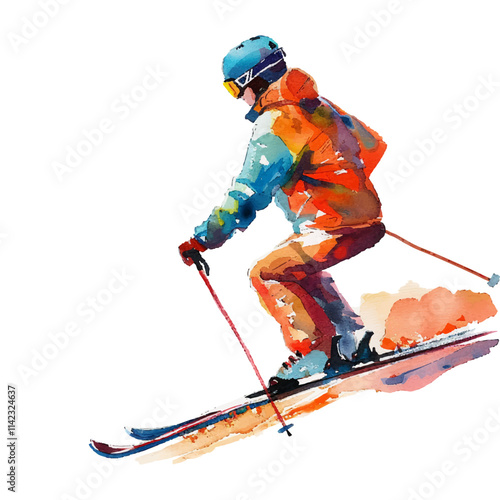 skiing downhill vector illustration in watercolor style