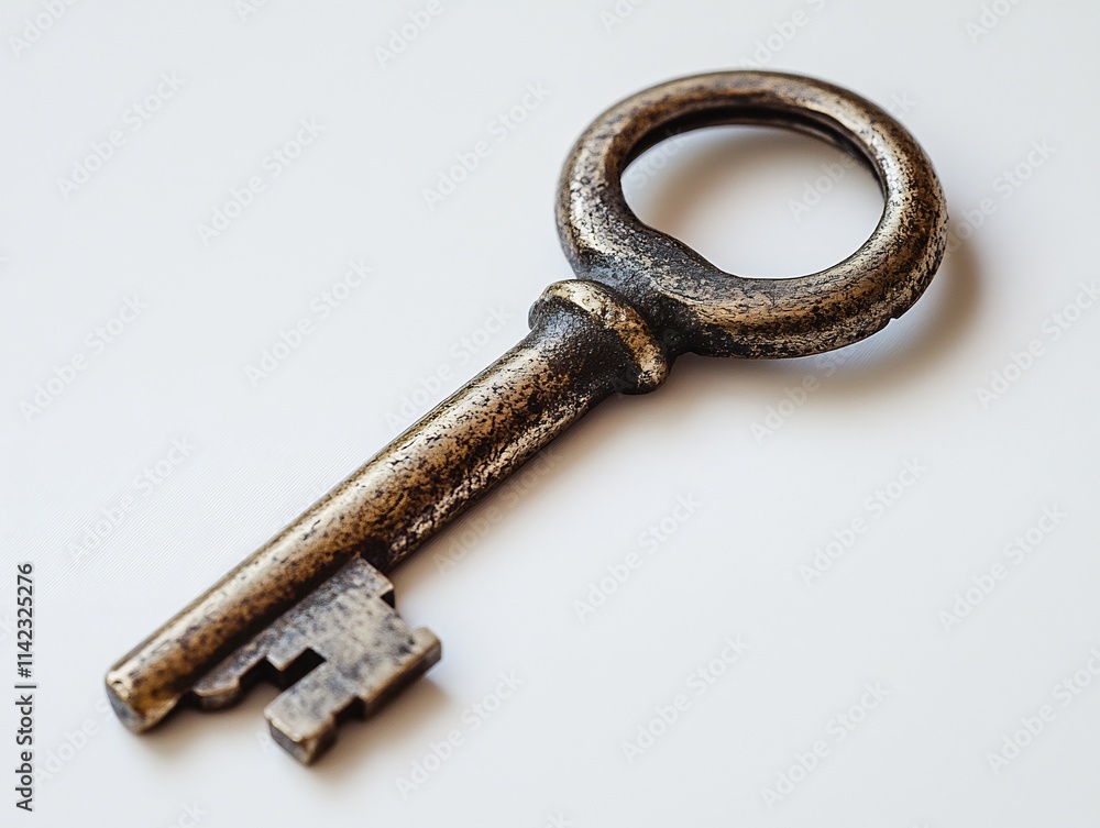 Old rusty metal key with antique details isolated on white background symbolizing security and unlocking a door Old rusty metal key with antique details isolated on white background symbolizing security and unlocking a door