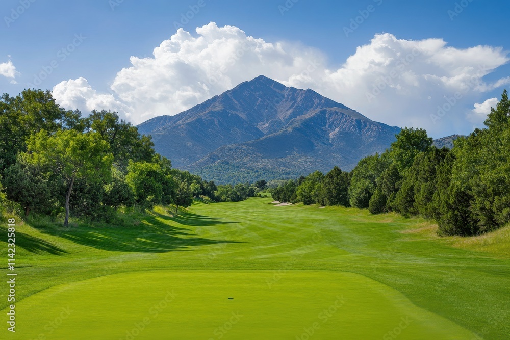 Fototapeta premium A serene golf course landscape with a majestic mountain backdrop under a clear blue sky.