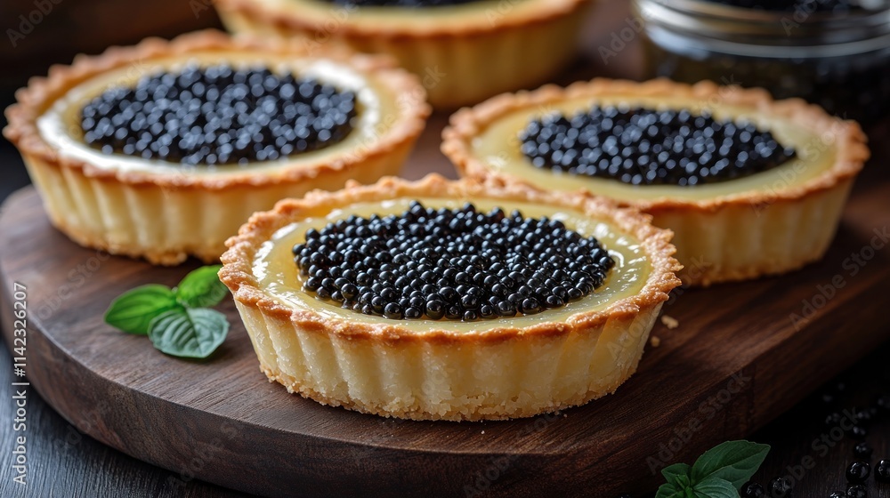 Delicate tartlets filled with creamy custard and topped with black caviar. Delicate tartlets filled with creamy custard and topped with black caviar.