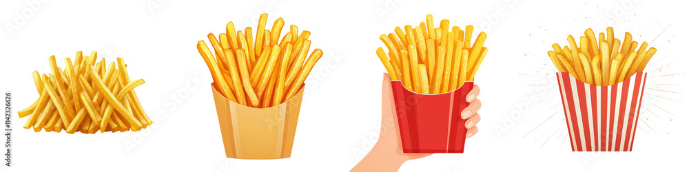Freshly fried golden brown crispy french fries served in classic striped paper containers a popular and iconic fast food snack or side dish Freshly fried golden brown crispy french fries served in classic striped paper containers a popular and iconic fast food snack or side dish