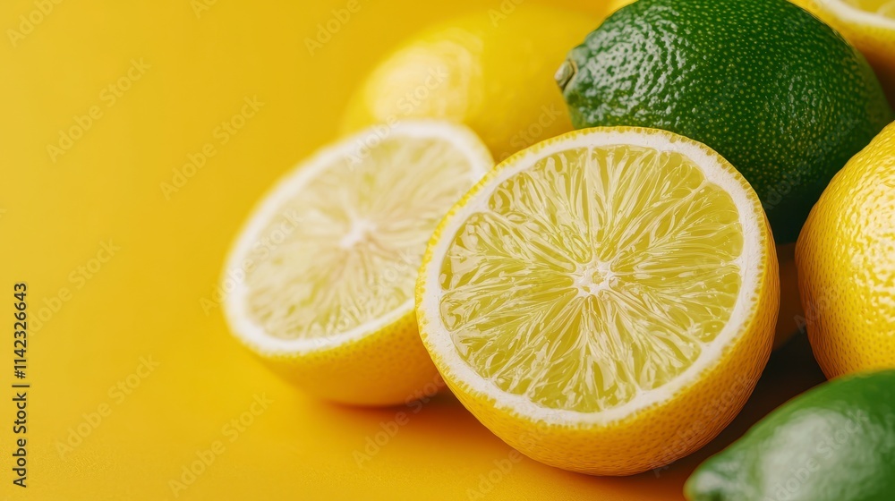 Fresh Citrus Fruits Lemons and Limes on Yellow Background Fresh Citrus Fruits Lemons and Limes on Yellow Background
