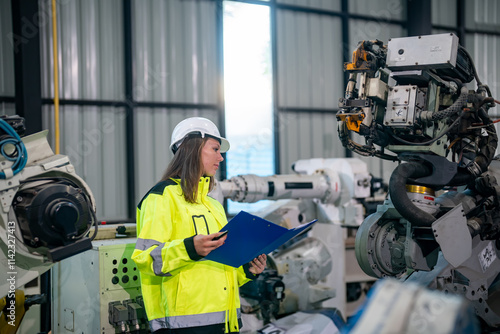 Engineer Evaluates Robotic Systems in a Manufacturing Facility During Daytime Operations