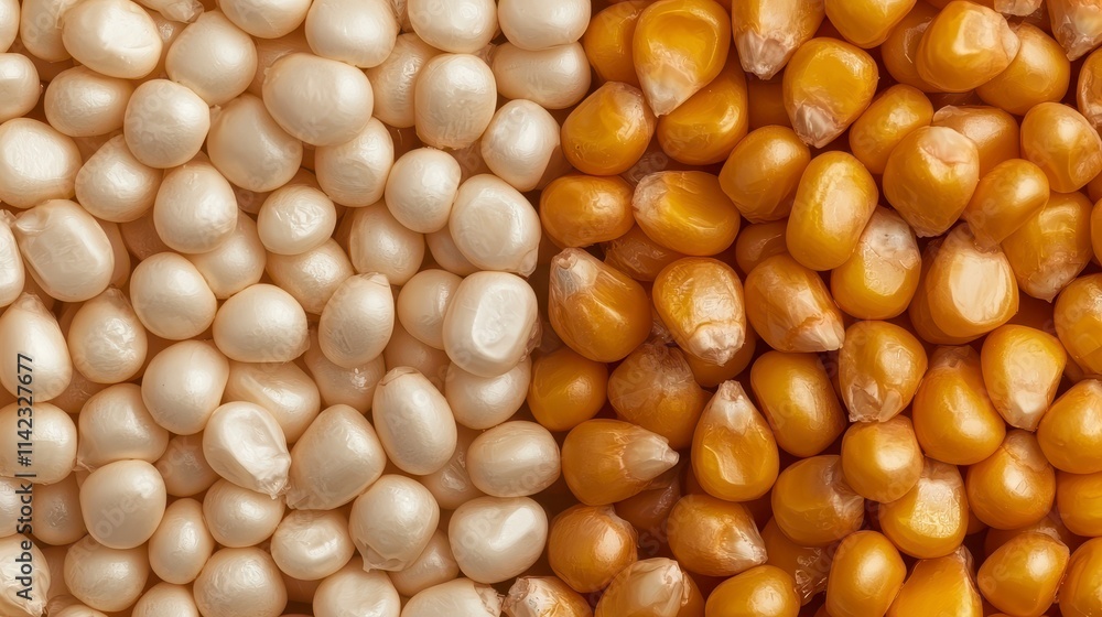 Closeup of White and Yellow Corn Kernels, Side by Side Closeup of White and Yellow Corn Kernels, Side by Side