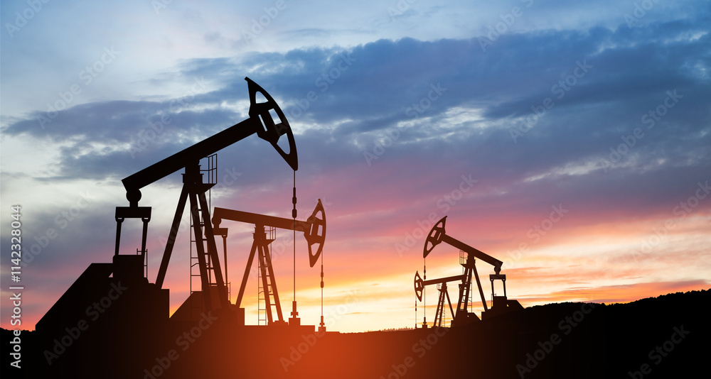 The change in oil prices caused by the war. Oil price cap concept. Oil drilling derricks at desert oilfield. Crude oil production from the ground. Petroleum production. The change in oil prices caused by the war. Oil price cap concept. Oil drilling derricks at desert oilfield. Crude oil production from the ground. Petroleum production.