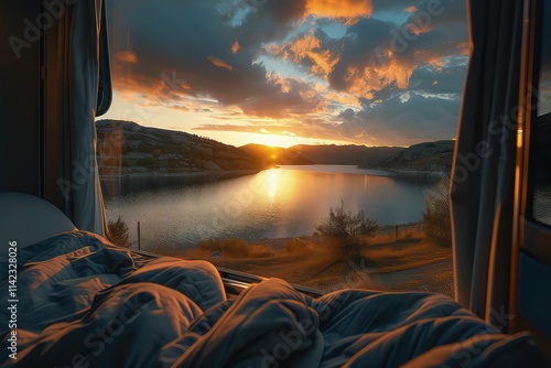 An image capturing the view of a stunning sunset from the window of a motorhome, parked in a serene natural landscape. photo