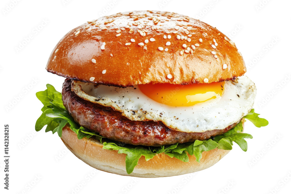 A delicious gourmet burger topped with a sunny-side-up egg nestled between toasted sesame buns A delicious gourmet burger topped with a sunny-side-up egg nestled between toasted sesame buns