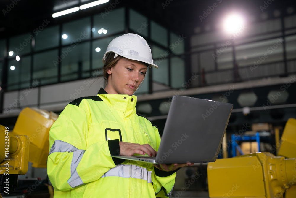 Construction worker monitors machinery using laptop in industrial facility during daytime Construction worker monitors machinery using laptop in industrial facility during daytime