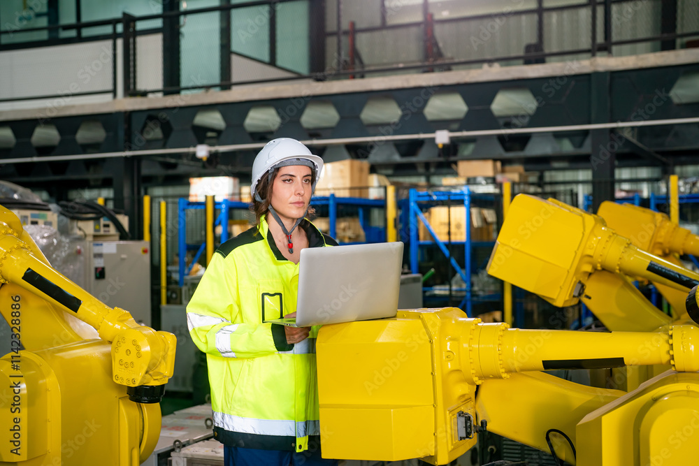 Fototapeta premium Engineer Evaluates Robotic Systems in a Modern Manufacturing Facility