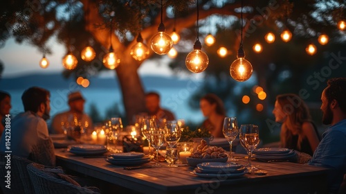 Twilight Gathering: Friends Enjoying a Festive Outdoor Dinner Under String Lights