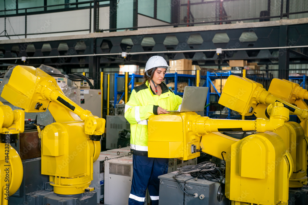 Engineer Monitors Robotic Arms in a Manufacturing Facility During Daytime Operations Engineer Monitors Robotic Arms in a Manufacturing Facility During Daytime Operations